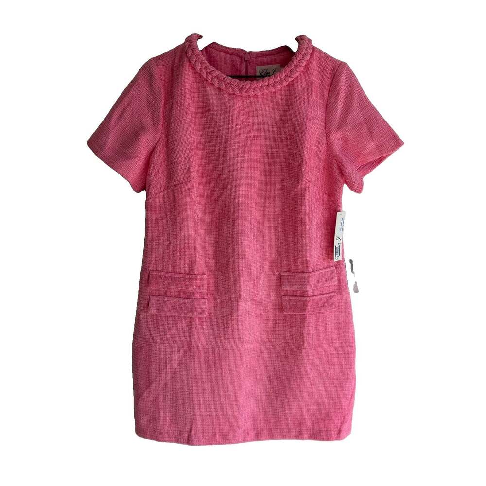 NWT Eliza J Women’s Braided Trim Tweed Boucle Shift Dress Pink Size 12 Preppy